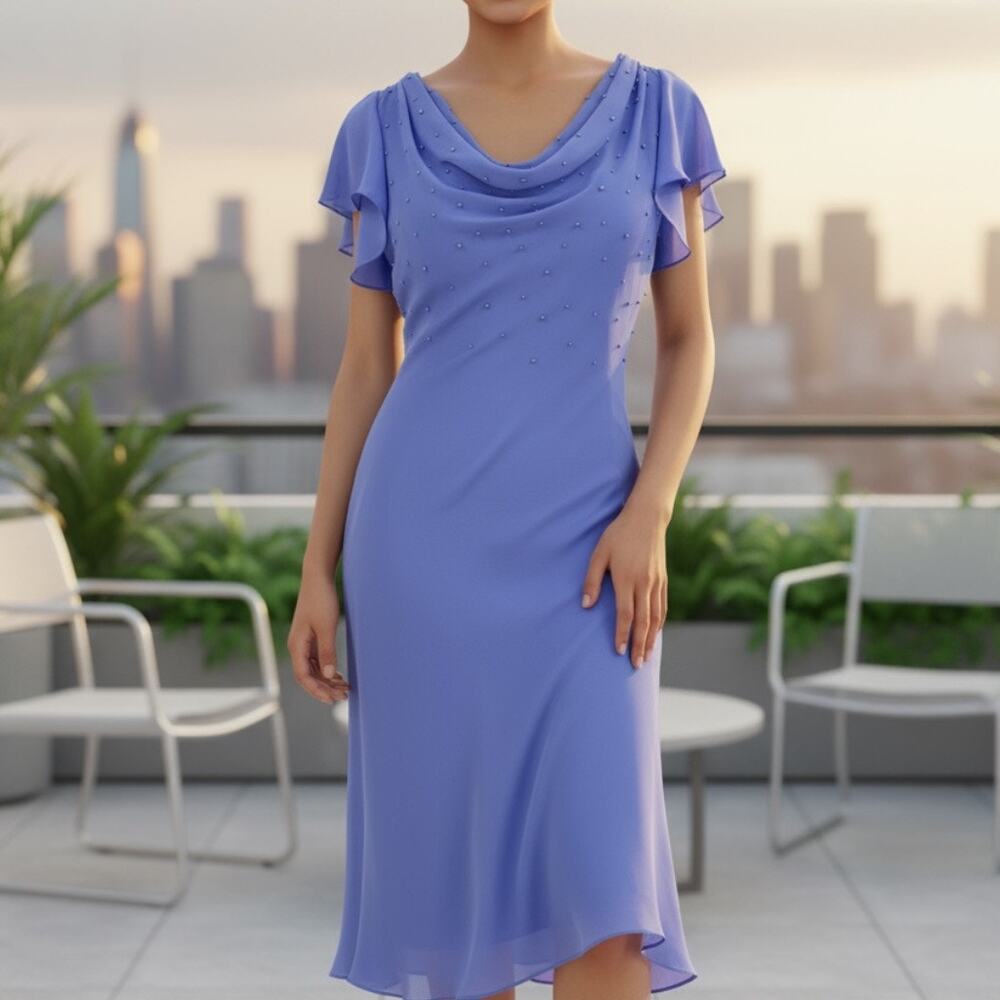 S.L. Fashions Women's Vintage 90s Whimsy Drape Ruffle Slip Dress Size 8 Blue